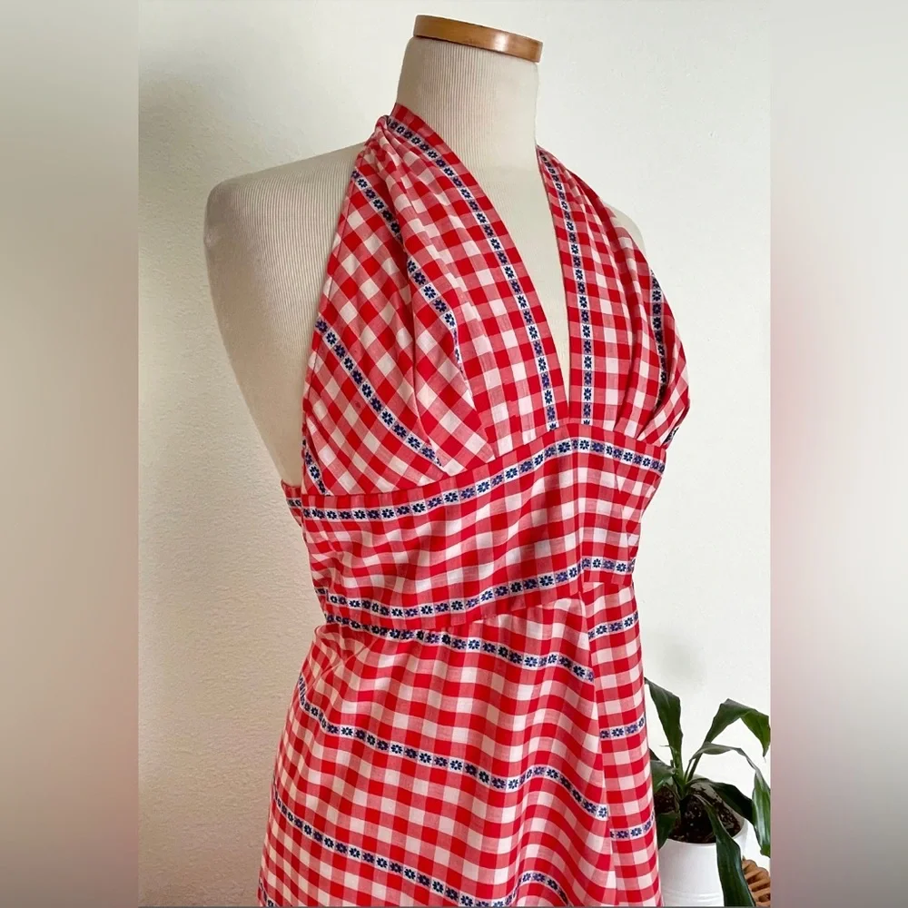 *sold*1970s Vintage LANZ ORIGINALS Red White and Blue Gingham Halter Maxi Dress - Picture 5 of 10